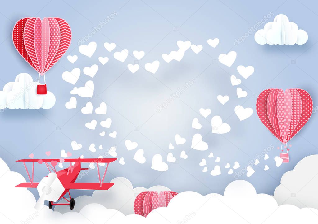 airplane flying over clouds and smoke hearts shape with Cute hot