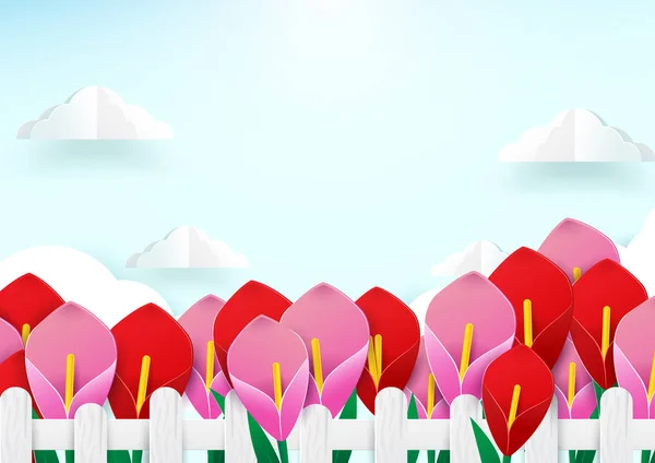 Concepto temporada primavera. Valla de madera y flores con nube. pape — Vector de stock