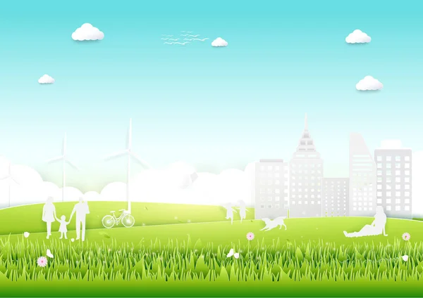 Concepto ecológico con ciudad verde y árboles. papel arte estilo diseño — Vector de stock