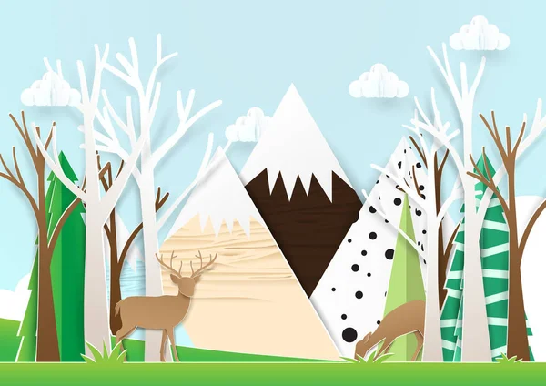 Papír művészet szarvasok erdő hegyi háttér — Stock Vector