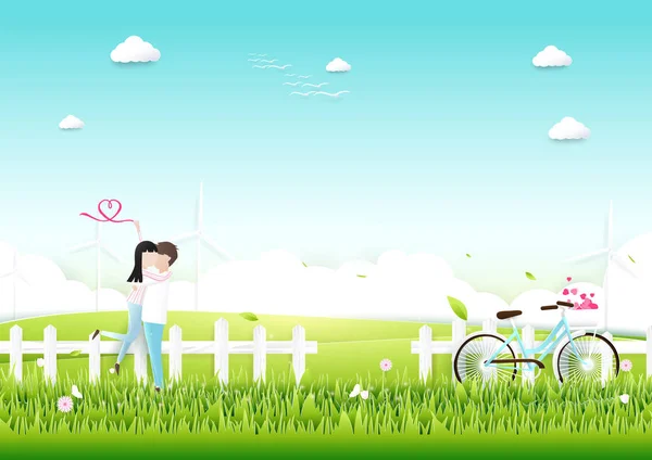 Έγγραφο τέχνης, ζευγάρι με ποδήλατο έννοιας κήπο ρομαντική αγάπη. Φόντο ημέρα του Αγίου Βαλεντίνου — Διανυσματικό Αρχείο