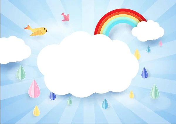 Paper art concept. Rainy and cloud with rainbow. Rainy season. — Stock Vector