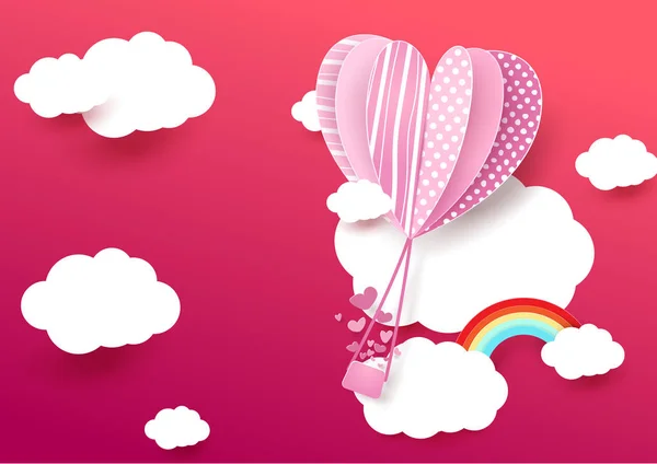 Estilo de arte de papel Globo en forma de corazón volando con nube y arco iris . — Vector de stock