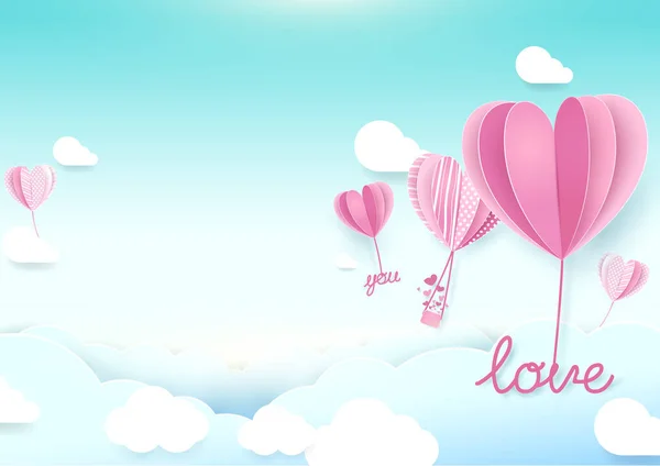 Estilo de arte de papel Globos en forma de corazón volando en el cielo. Fondo día de San Valentín — Vector de stock