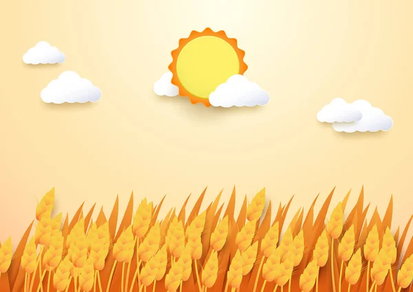 Estilo de arte de papel Campo de cebada con sol y fondo de nube — Vector de stock