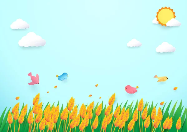 紙のアート スタイル麦畑と鳥の太陽と雲の背景 — ストックベクタ