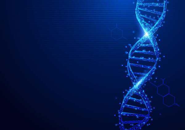 Wireframe DNA molecules structure mesh from a starry on blue bac