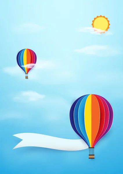 太陽と青い空を背景に飛んでいるカラフルな熱気球 — ストックベクタ