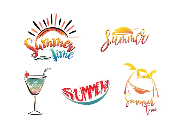 刻字集与太阳、 鸡尾酒、 西瓜和椰子的夏天 — 图库矢量图片