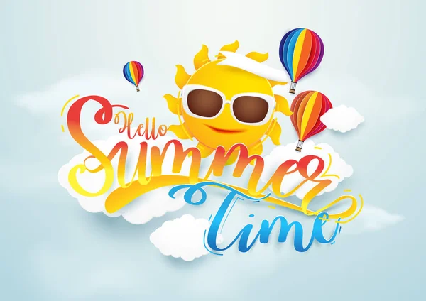 Sommar tid vector banner design. Sol och varm luft ballonger flyin — Stock vektor