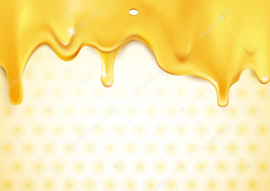 Sweet gold dripping honey on honeycomb background