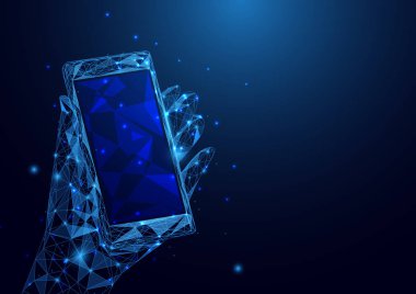 Düşük çokgen smartphone tel kafes kafes tutan bir el soyut