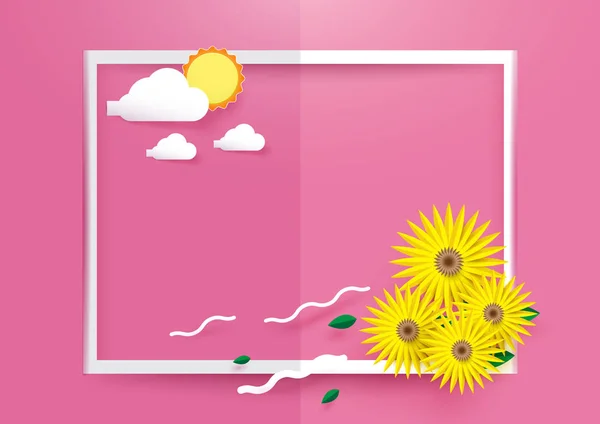 Girasoles con sol y nubes en marco blanco sobre fondo rosa — Vector de stock