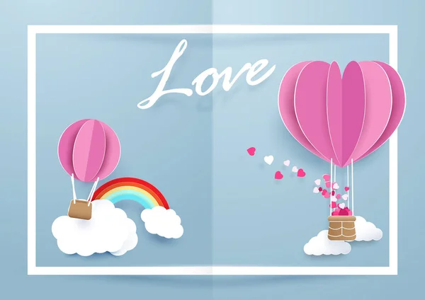 Globos en forma de corazón volando sobre nubes y arco iris en fra blanca — Vector de stock