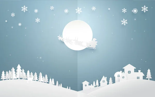 God jul bakgrund. Jultomten som flyger i en släde med renar på fullmåne över land side stad. — Stock vektor