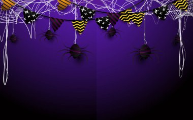 Mutlu Cadılar Bayramı tasarlamak. Çelenk ve örümcek ağları mor zemin üzerine bayrakları