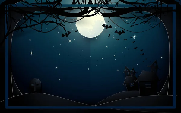 Dunkle Burg und alte Bäume auf Vollmondhintergrund. glückliche Halloween-Design-Illustration. Papierkunst und Kunsthandwerk — Stockvektor