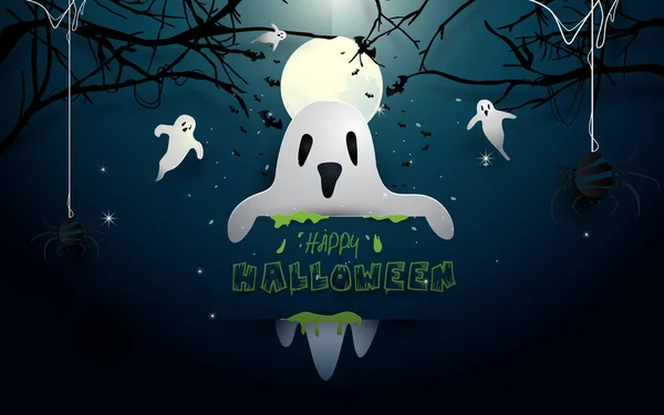 Happy halloween ontwerp illustratie. Witte geesten en vleermuizen vliegen op volle maan achtergrond. Papieren kunst en ambachtelijke stijl — Stockvector