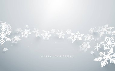 Neşeli Noel ve mutlu yeni yıl. Beyaz arka plan üzerinde soyut kar taneleri