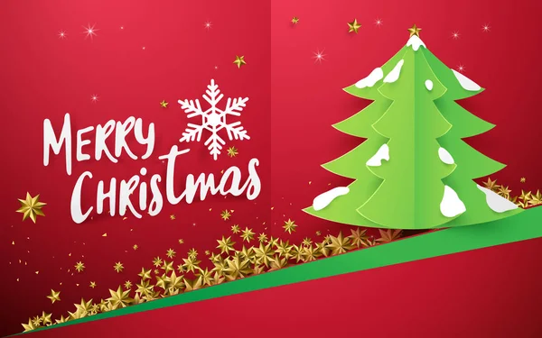メリー クリスマスと幸せな新年。赤い背景の金の星とクリスマス ツリー — ストックベクタ