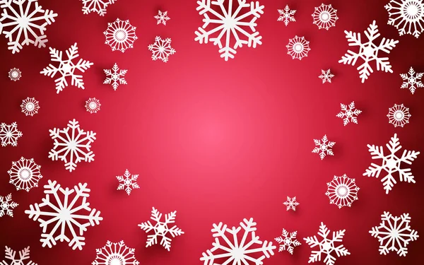 Buon Natale e felice anno nuovo. Fiocchi di neve astratti con cornice bianca su sfondo rosso — Vettoriale Stock