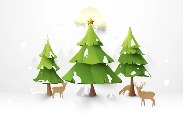 Merry Christmas trees och renar med Santa Claus körning i en släde på fullmånen illustration bakgrund — Stock vektor