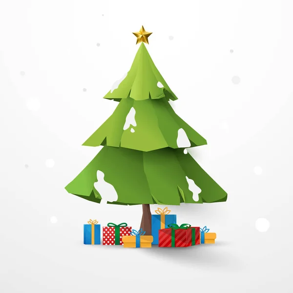 Decoración de estrellas y árbol de Navidad con cajas de regalo. sobre fondo blanco. ilustración vectorial — Vector de stock