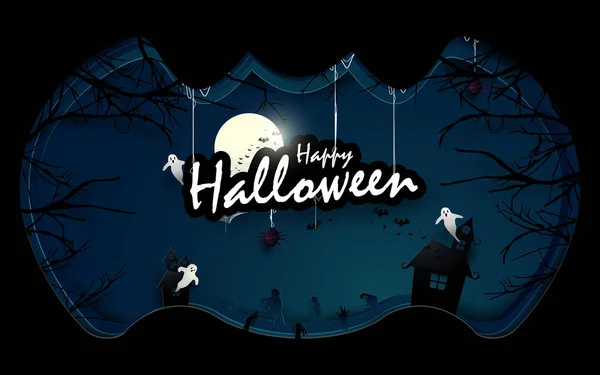 Donkere kasteel, witte spoken en oude bomen met Halloween tekst in de vorm van de vleermuis. Happy Halloween ontwerp illustratie. Papieren kunst en ambachtelijke stijl — Stockvector