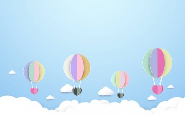 gökyüzü arka plan uçan renkli sıcak hava balonu. Kağıt Sanat ve el sanatları stil tasarım