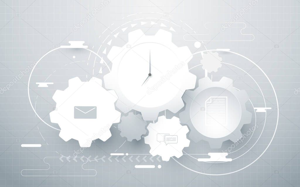  Abstract gear wheel, geometric lines and social icons. work time business concept