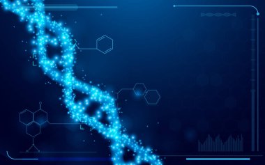 DNA ve molekülleri arabirim sanal geleceğin teknolojisi sistemi sağlık ve bakım bilgi kavramı mavi zemin üzerine
