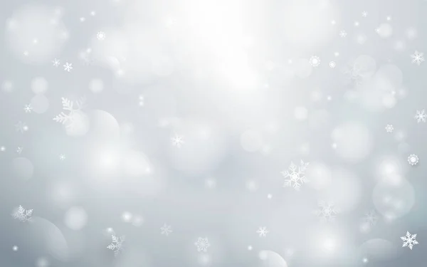 Bokeh abstrato e flocos de neve em fundo branco. Feliz Natal conceito —  Vetores de Stock