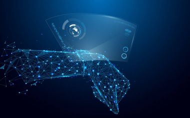 El akıllı izlemek ve teknolojik dijital holografik plaka satırlarından ve üçgenler, mavi arka plan ağ bağlantı noktası. İllüstrasyon vektör