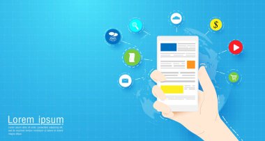 Sosyal medya ve web simgeleri ile akıllı telefon tutan el. Düz vektör karikatür çizim