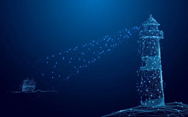 Leuchtturm-Suchscheinwerfer beamen durch die Yacht im Meer aus Linien und Dreiecken, Punkt Verbindungsnetzwerk auf blauem Hintergrund. Illustrationsvektor — Stockvektor