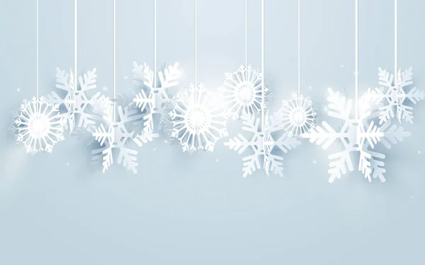 Merry Christmas och Happy nytt år med snöflingor hängande på vit bakgrund — Stock vektor