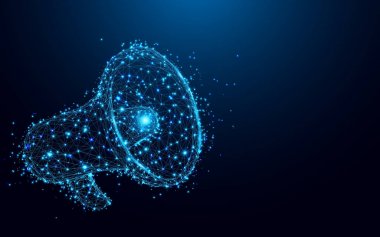 Mavi arka plan ağ bağlantı noktası soyut megafon satırlarından ve üçgenler. İllüstrasyon vektör