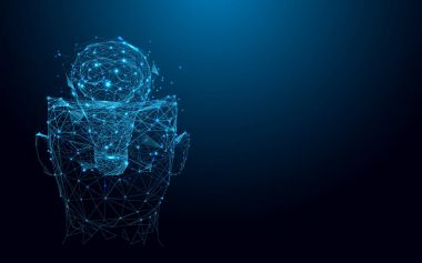 Baş ve ampul satırlarından ve üçgenler soyut, bağlantı ağ mavi zemin üzerine gelin. İllüstrasyon vektör