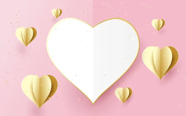 Glad Alla hjärtans dag. Vitt och guld hjärta form på mjuk rosa bakgrund. Papper konst och hantverk stil — Stock vektor