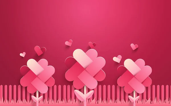 Ευτυχισμένος Αγίου Βαλεντίνου. Χαριτωμένο ροζ λουλούδια και την καρδιά. Χαρτί τέχνη και η τέχνη στυλ — Διανυσματικό Αρχείο