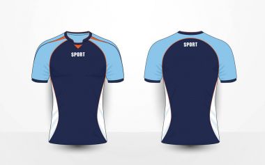 Mavi, beyaz ve turuncu satırları spor futbol takımları, jersey, tişört tasarım şablonu