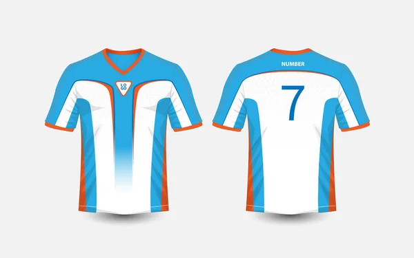 Kit di calcio sportivo modello bianco, blu e arancione, jersey, modello di design t-shirt — Vettoriale Stock