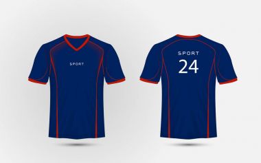 Mavi ve kırmızı çizgiler düzeni Futbol Spor t-shirt, kitleri, jersey, gömlek tasarım şablonu