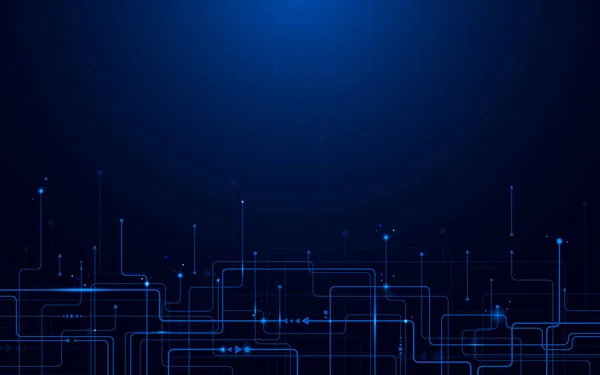 Placa de circuito futurista abstrata e conceito de tecnologia digital Hi-tech. Fundo azul escuro — Vetor de Stock