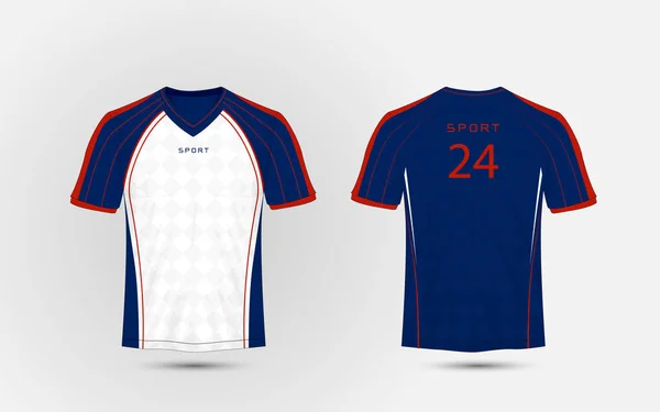 Blu, bianco e rosso linee layout calcio sport t-shirt, kit, jersey, modello di design camicia — Vettoriale Stock