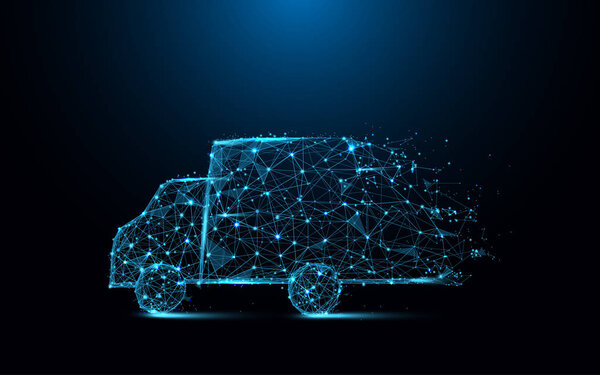 Быстрая доставка значок грузовика формы линий и треугольников, точка подключения сети на синем фоне. Вектор иллюстрации
