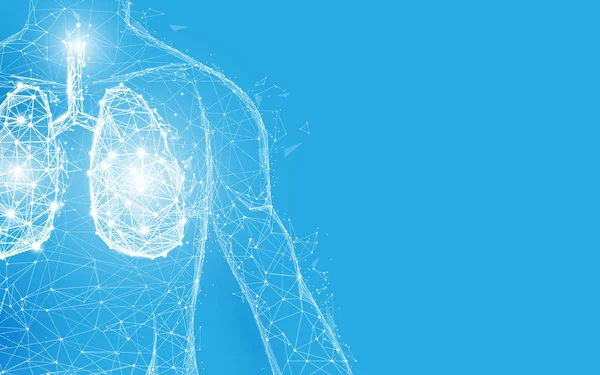人肺解剖学形成线和三角形, 点连接网络在蓝色背景。插图向量 — 图库矢量图片