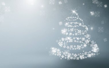 Beyaz Noel ağacı, parlak ışıklar, çelenkler ve düşen kar taneleri. Görüntü vektörü