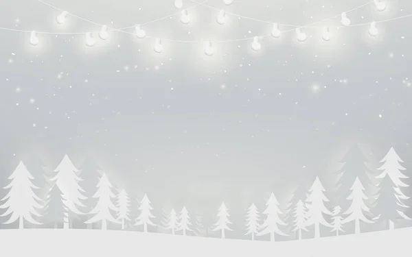 Joyeux Noël et bonne année bannière. paysage d'hiver et flocons de neige, arbres de Noël fond. Art du papier et design artisanal. Fond blanc — Image vectorielle