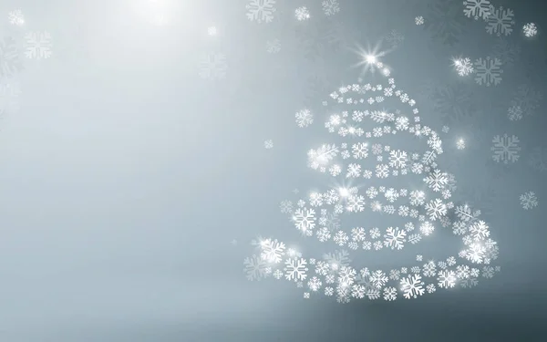 Λευκό χριστουγεννιάτικο δέντρο και αφρώδη φώτα γιρλάντα και νιφάδες χιονιού που πέφτουν φόντο. Διάνυσμα απεικόνισης — Διανυσματικό Αρχείο